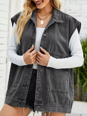 Dark gray cotton denim vest with button-down front and collar, relaxed fit.