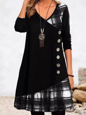 Asymmetrical Plaid Patchwork Long Sleeve Dress in Black, close-up detail