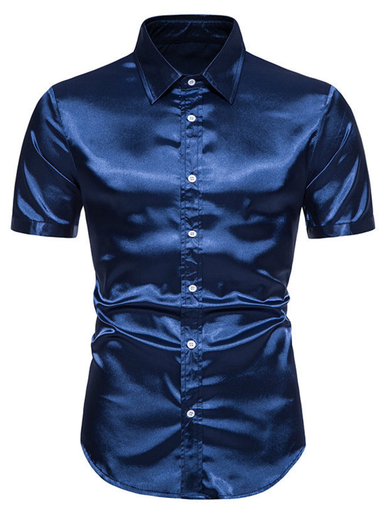 Men's navy satin finish short sleeve button-up shirt with a spread collar.
