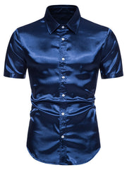 Men's navy satin finish short sleeve button-up shirt with a spread collar.
