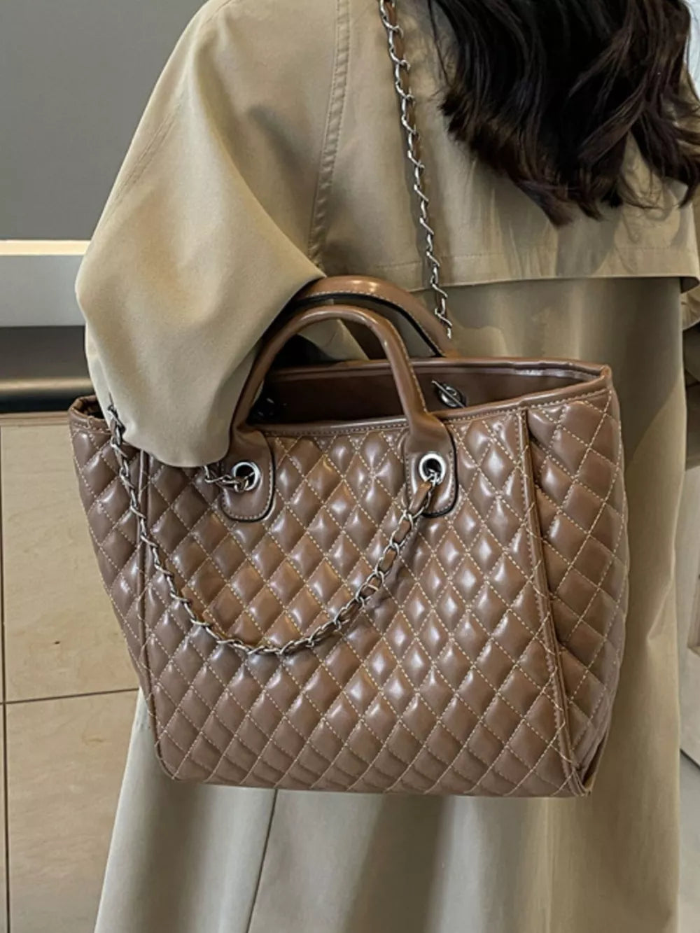 Quilted Chain Shoulder Bag in Brown, alternate angle