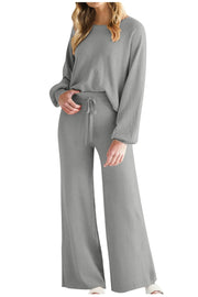 Light gray wide-leg lounge set with balloon sleeves and drawstring waist.