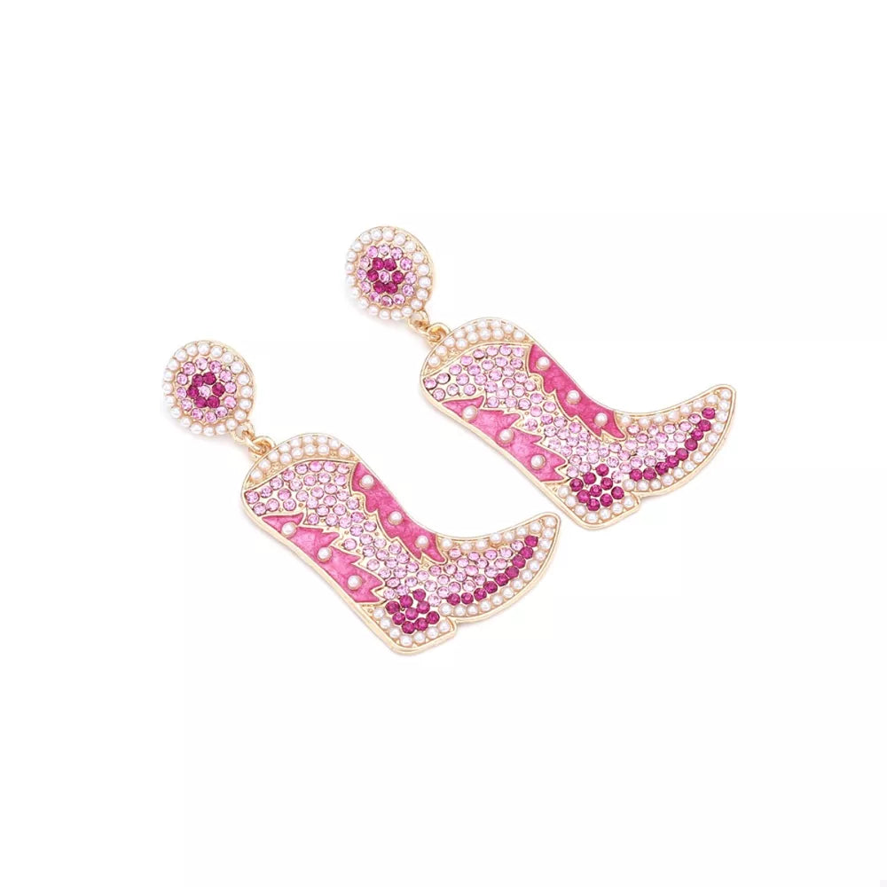 Dazzling rose red cowboy boot dangle earrings with pearls and rhinestones.