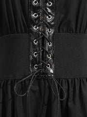 Black lace-up midi dress with faux leather detail and elastic waistband.
