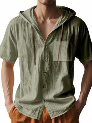 Men's casual hooded shirt in military green, short sleeve, button-down with chest pocket.