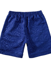 Royal blue jacquard paisley shorts with elastic waistband and back pocket.