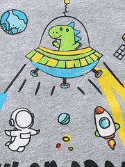 Grey cotton t-shirt with a graphic of a green dinosaur in a UFO, astronaut, rocket, and planets.