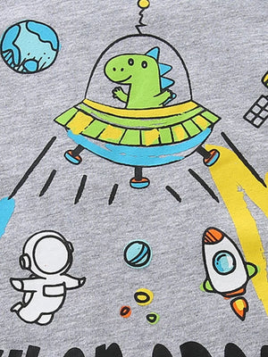 Grey cotton t-shirt with a graphic of a green dinosaur in a UFO, astronaut, rocket, and planets.