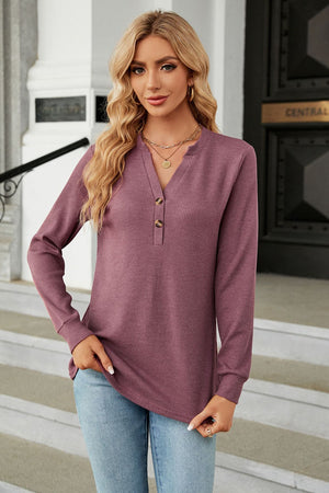 Pink purple waffle knit long sleeve top with buttoned V-neck