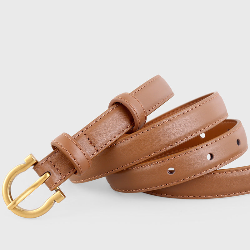 Brown cowhide leather belt with gold buckle and stitched details.