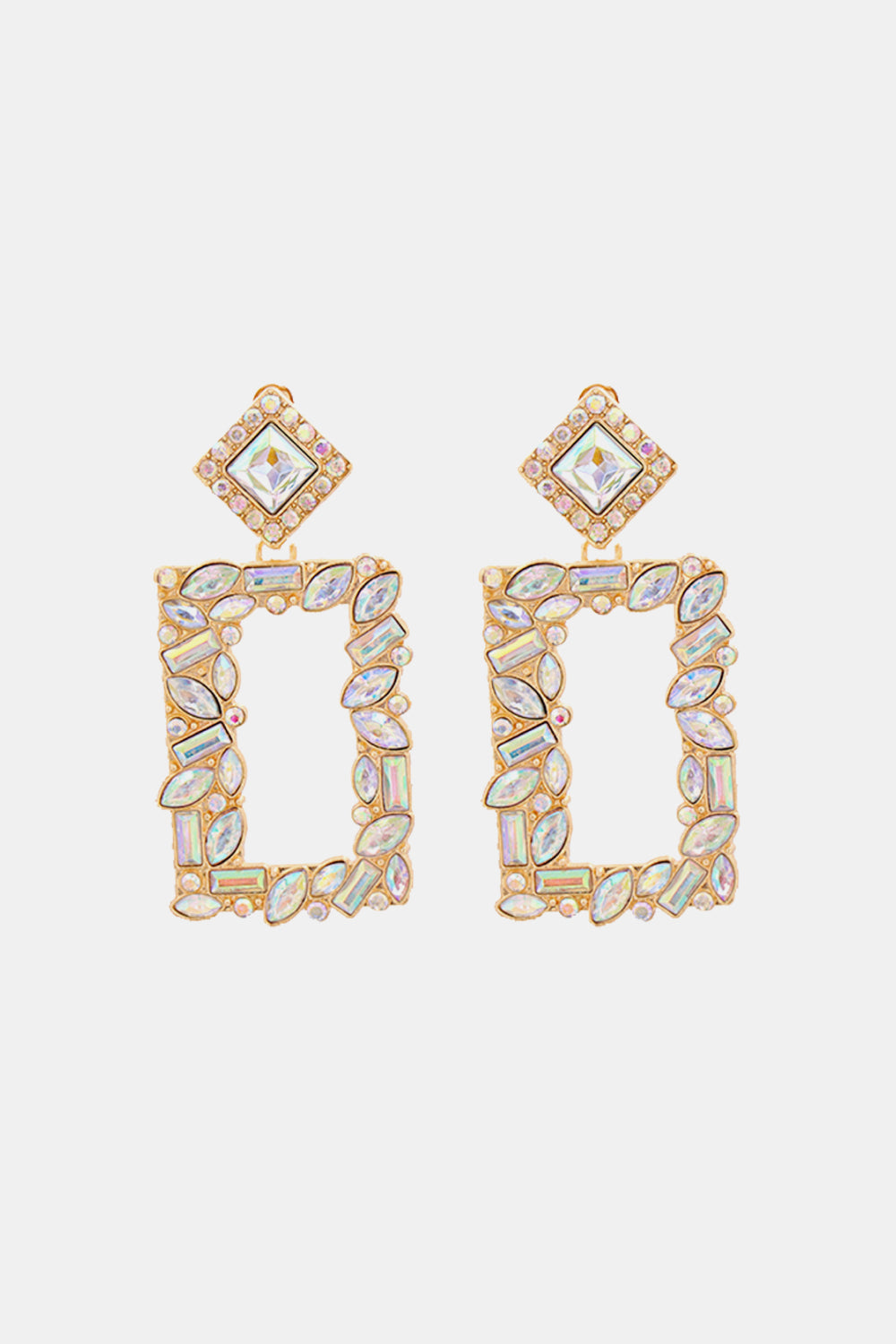 Geometric jewel box earrings with multicolor crystals and gold alloy setting.