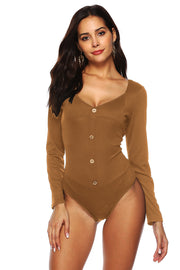 Caramel ribbed button-down bodysuit with sweetheart neckline and long sleeves