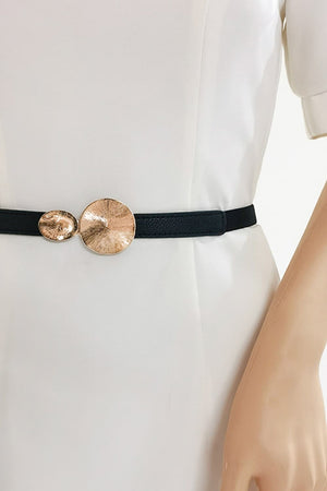 Black elastic waist belt with gold disc detail accent