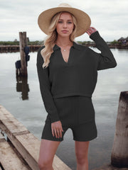 Textured knit polo long sleeve top and shorts set in dark brown.
