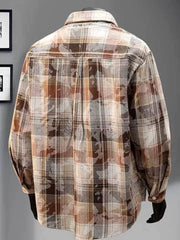 Heritage Plaid Long Sleeve Button-up Shirt in brown and beige with a subtle camouflage overlay.