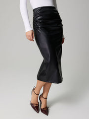 Black faux leather midi skirt with ruched detail and body-hugging fit