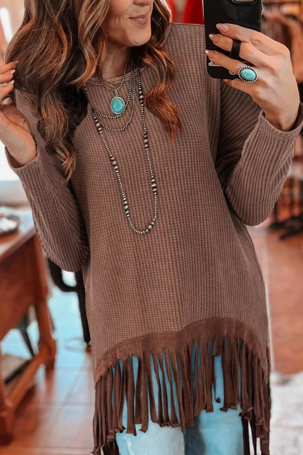 Waffle Knit Fringed High Low Loose Top in Brown, front view