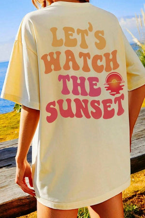 Oversized khaki t-shirt with retro sunset graphic and text Let's Watch The Sunset.