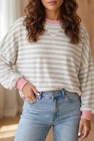 Twisted Rib Trim Striped Loose Pullover Sweatshirt, front view