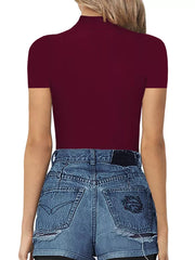 Burgundy mock neck short sleeve bodysuit styled with denim shorts.