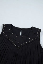Black tank top with rhinestone embellishments and fringe detail.