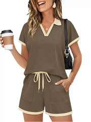 Brown polo collar two-piece set with drawstring shorts and contrast trim.