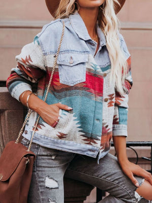 Light blue denim jacket with Aztec pattern, button front, and chest pockets.