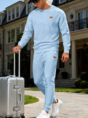 Men's Casual Textured Top And Pants Set in Navy Blue, fabric detail