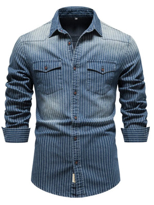 Denim western shirt in peacock blue with vertical white stripes, button front, and chest pockets.