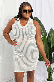 White open-knit collared midi cover-up with vertical stripe detail.