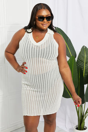 White open-knit collared midi cover-up with vertical stripe detail.