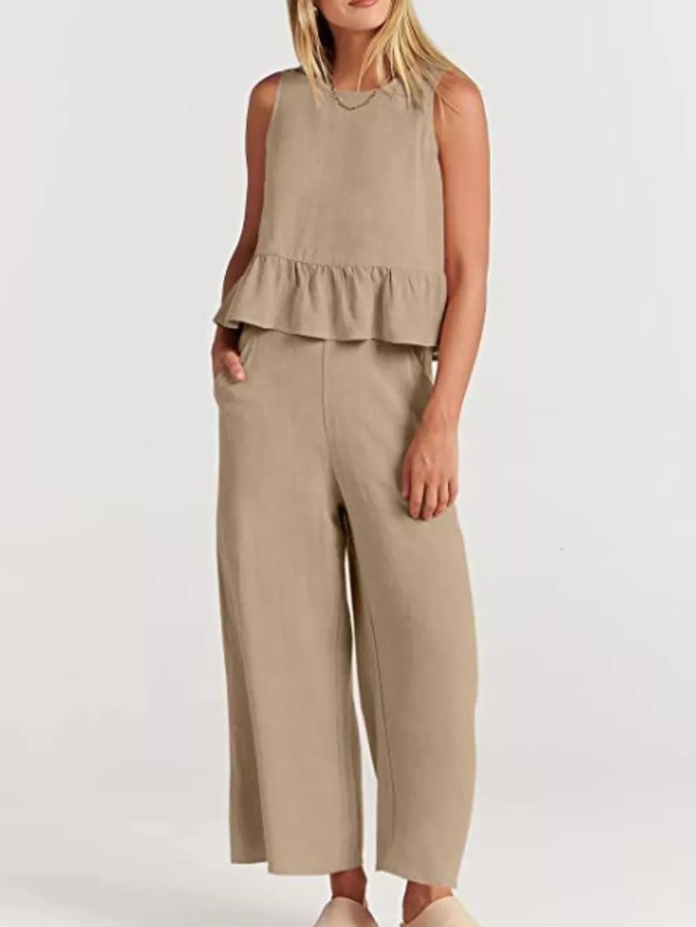 Ruffled Hem Sleeveless Top And Wide-leg Pants Set Plus Size in Black, view 18