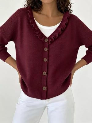 Ruffled Neckline Button-up Cardigan in White, editorial view