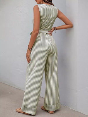 Striped tie-waist wide leg romper in yellow-green cotton with decorative buttons.