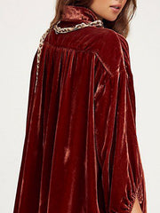 Brown velvet oversized shirt with a leopard print detail at the collar.