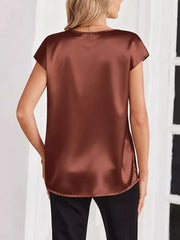 Brown satin V-neck maternity shirt with short sleeves.