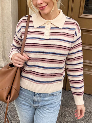Ribbed Knit Long-sleeve Sweater in Pink, side view