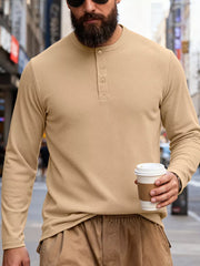 Men's long sleeve Khaki cotton henley t-shirt with button placket detail.