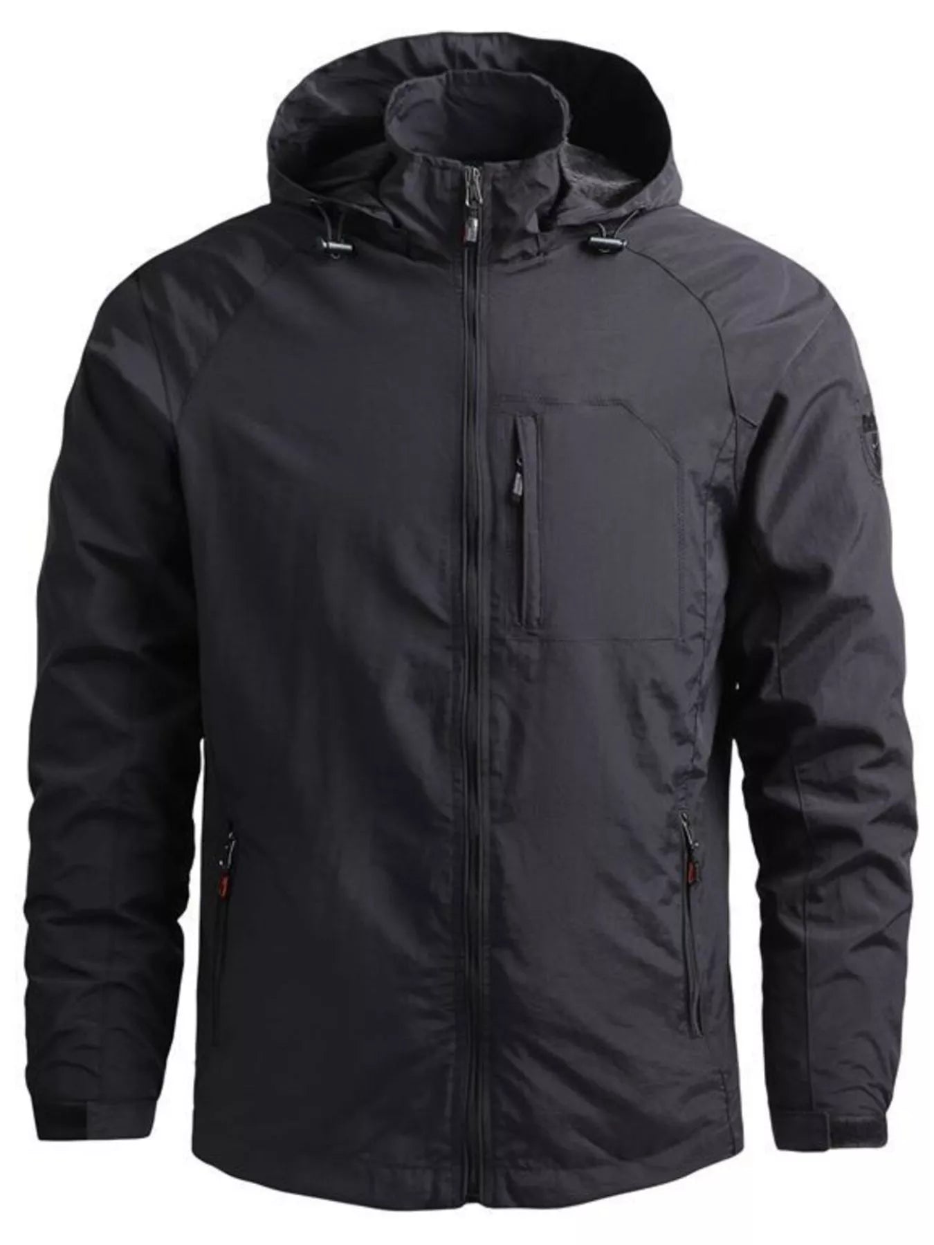 Black lightweight hooded windproof jacket with zippered chest pocket and side pockets.
