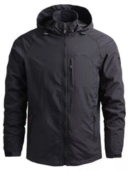 Black lightweight hooded windproof jacket with zippered chest pocket and side pockets.
