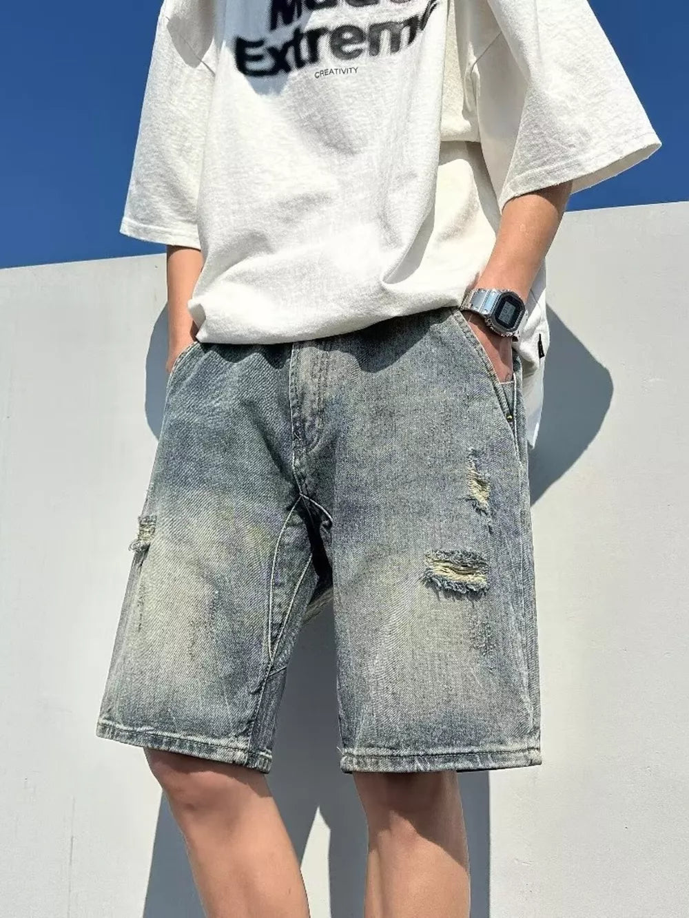 Men's Full Size Distressed Denim Shorts in Light, front view