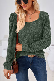 Puffed sleeve ribbed square neck top in Matcha Green, a casual blouse with textured fabric.