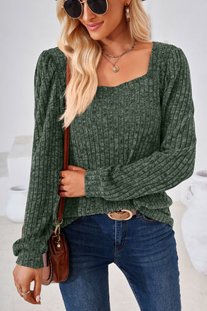 Puffed sleeve ribbed square neck top in Matcha Green, a casual blouse with textured fabric.