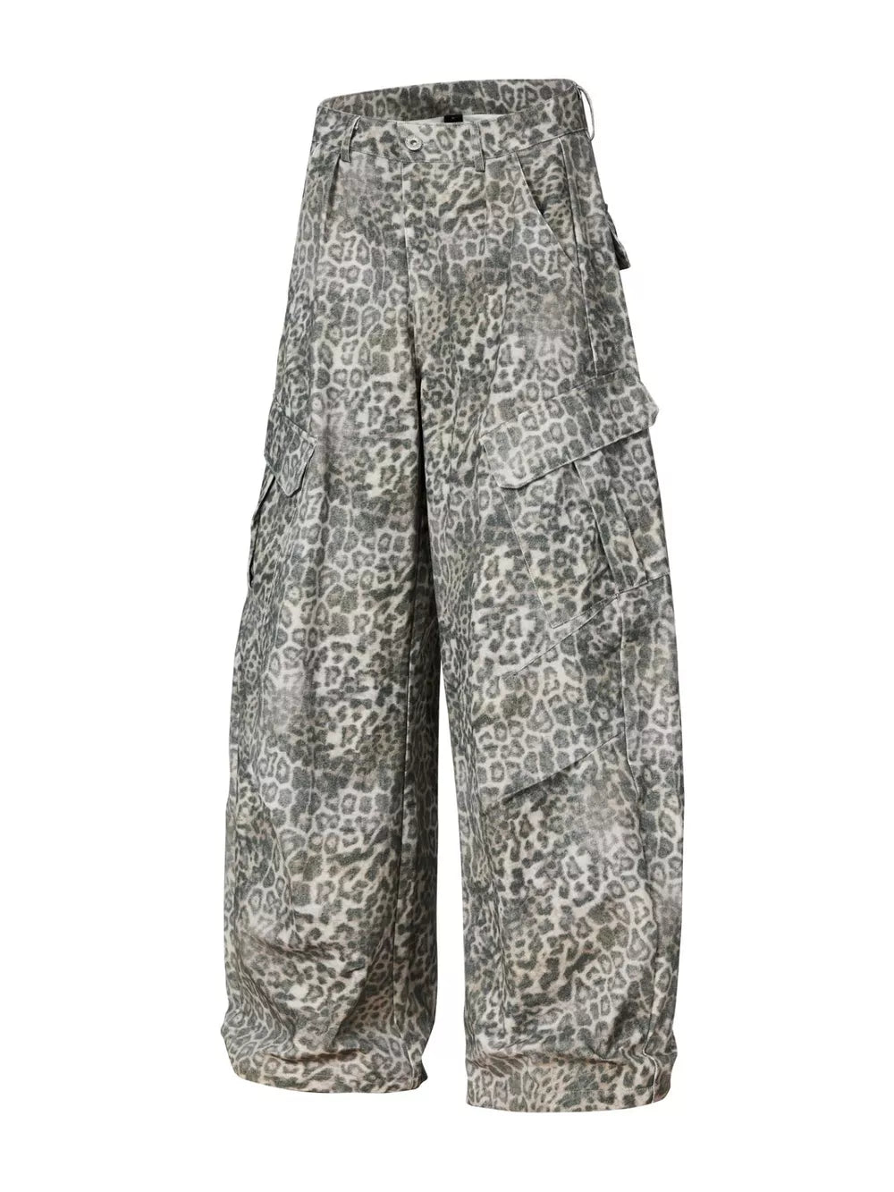 Leopard print cargo pants with utility pockets and a button fly.