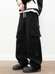 Black cargo pants with drawstring waist and multiple pockets