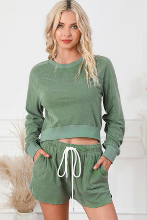 Gum Leaf raglan short set with crewneck sweatshirt and drawstring shorts