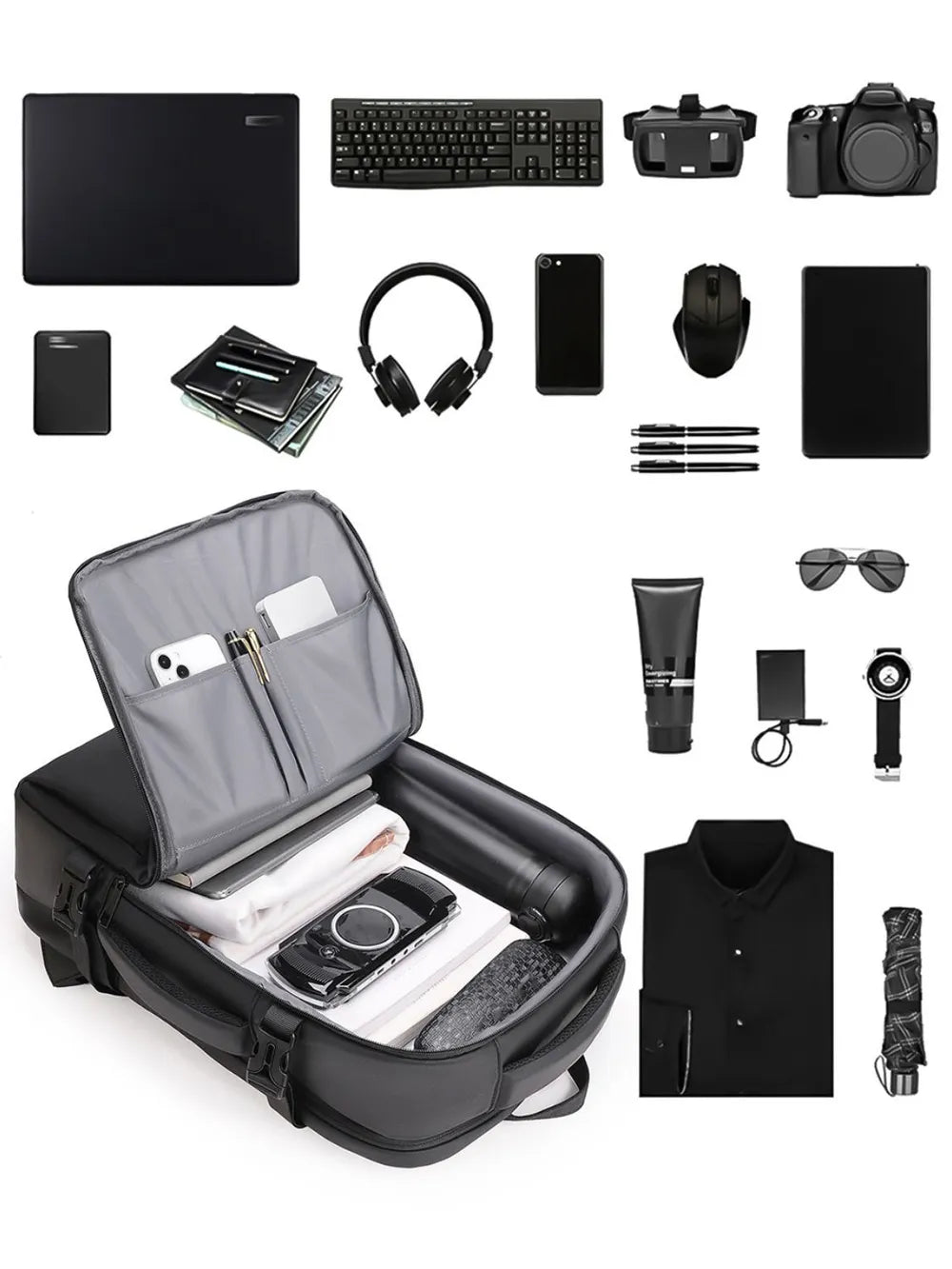Black convertible commuter backpack open with organized tech and accessories.
