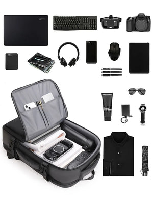 Black convertible commuter backpack open with organized tech and accessories.