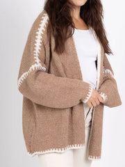 Camel oversized cardigan with white contrast trim detail on sleeves and hem