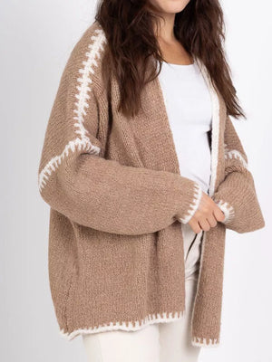 Camel oversized cardigan with white contrast trim detail on sleeves and hem